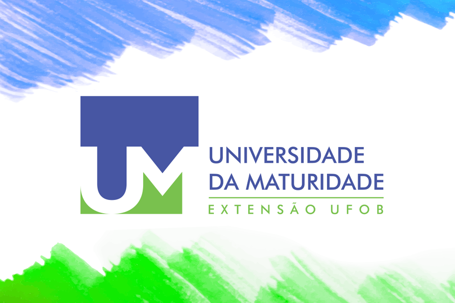 Arte de Divulgação com a marca do projeto Universidade da Maturidade, com fundo branco e arte nas cores verde e azul