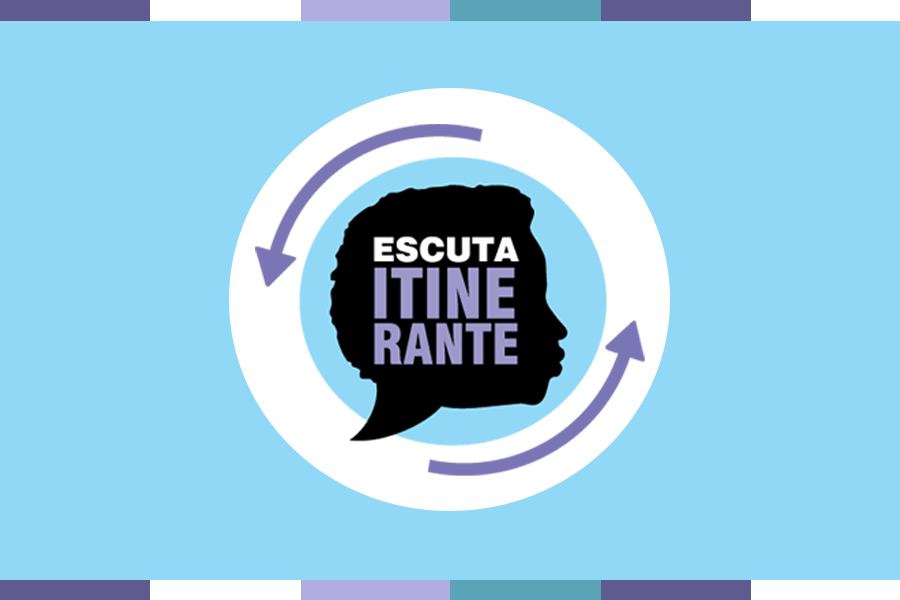 Arte em fundo lilás com imagem de cabeça e setas, seguidas do texto "Escuta Itinerante"