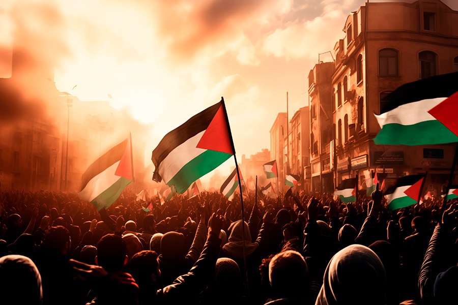 Imagem com bandeira da Palestina ao fundo