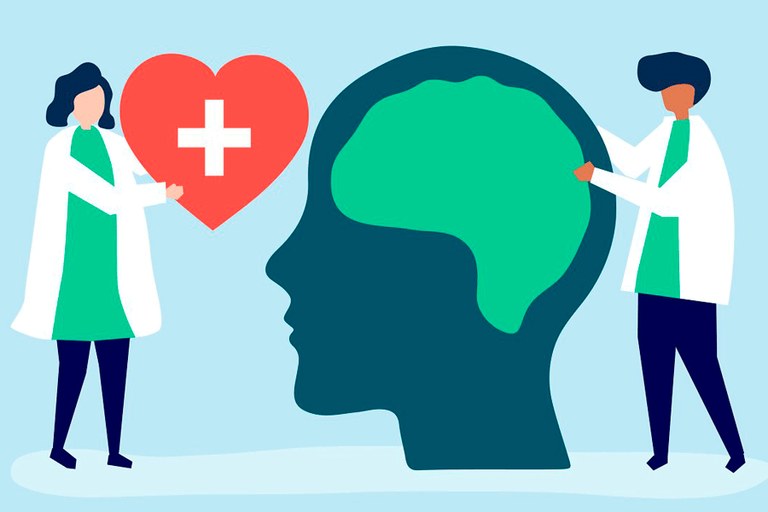 Imagem em fundo azul marinho de desenho de um homem e uma mulher indo em direção ao desenho de um cérebro