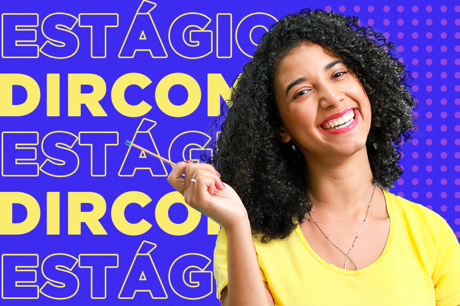 Arte em fundo azul com texto "Dircom" e imagem de estudante sorrindo com caneta na mão