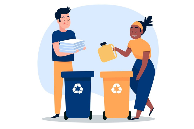 Arte de dois desenhos de pessoas (um homem e outra mulher) depositando lixo reciclável