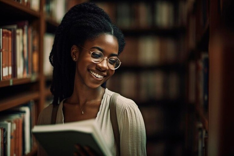 Imagem de estudante negra com livro na biblioteca