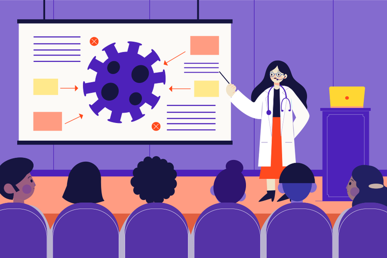 Arte em fundo lilás com mulher apresentando no quadro branco e cadeiras de um auditório à frente