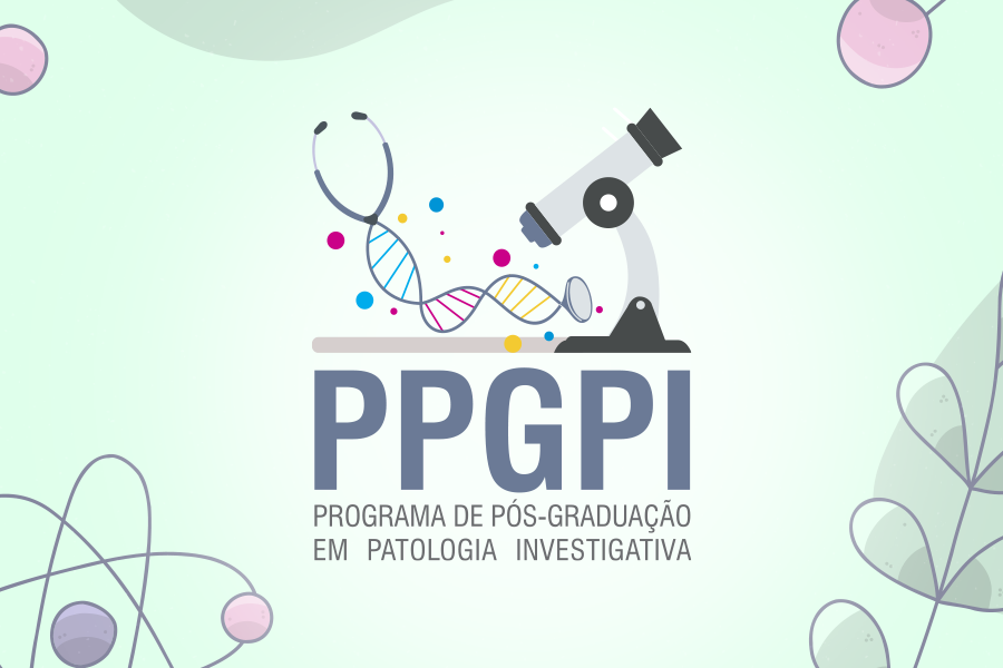 Arte em fundo azul claro com marca do Programa de Pós-Graduação em Patologia Investigativa