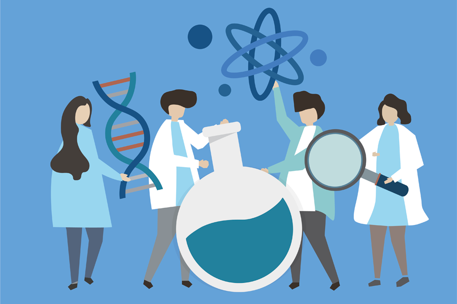 Arte em fundo azul com desenhos de cientistas, ícone de DNA, dentre outros