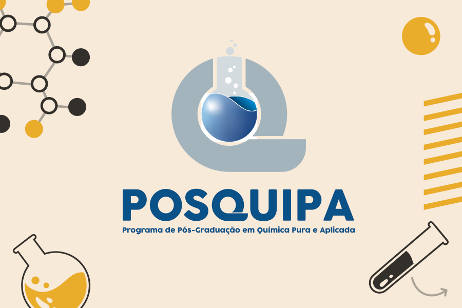 Arte em fundo bege com símbolos da Química e marca do Programa de Pós-Graduação em Química Pura e Aplicada