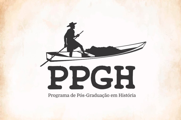 Arte em fundo bege com marca do Programa de Pós-Graduação em História, com imagem de homem navegando em uma canoa