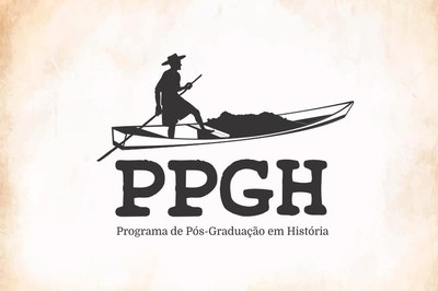 Arte em fundo bege com marca do Programa de Pós-Graduação em História, com imagem de homem navegando em uma canoa