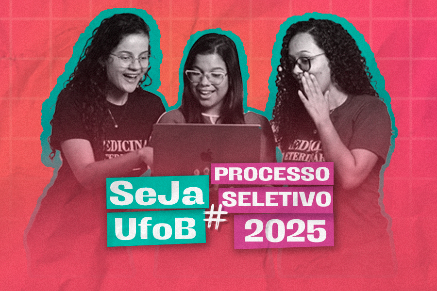 Imagem em fundo vermelho, com foto de estudantes olhando para um notebook e o texto "Seja UFOB #Processo Seletivo 2025"