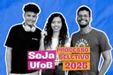 Arte em fundo azul de três estudantes de graduação da UFOB com texto "Seja#UFOB | Processo Seletivo 2025"