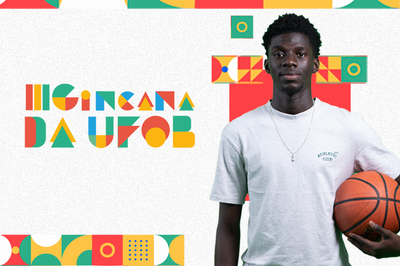 Arte em fundo branco com foto de estudante negro segurando uma bola de basquete e o texto "III Gincana da UFOB"