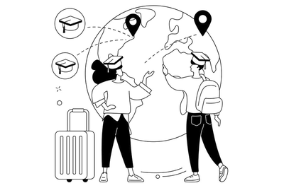 Arte em preto e branco de duas pessoas com bonés de formatura, interagindo em frente a um globo terrestre, simbolizando a educação global e as viagens