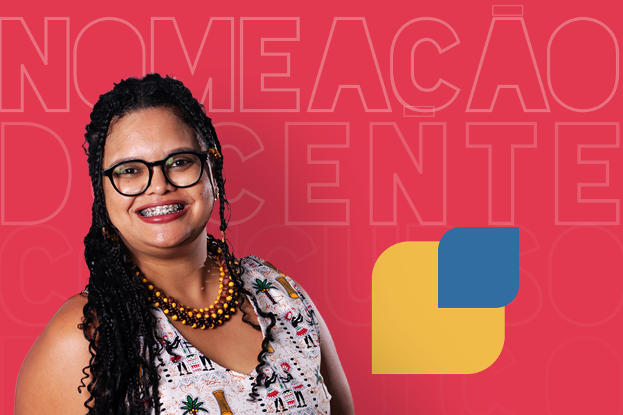 Arte em fundo vermelho com foto de professora e texto "Nomeação docente"