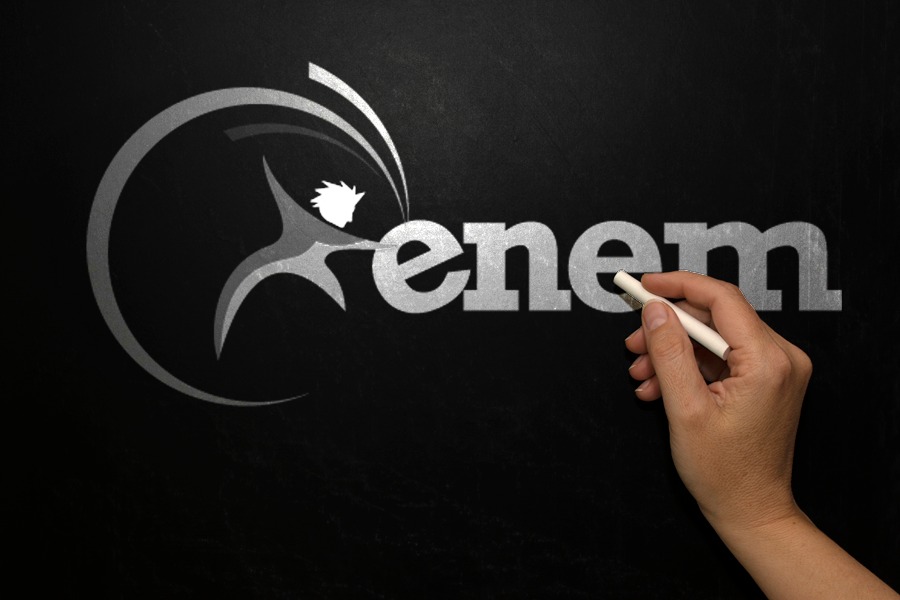 Imagem em fundo preto com uma mão escrevendo o nome "Enem"