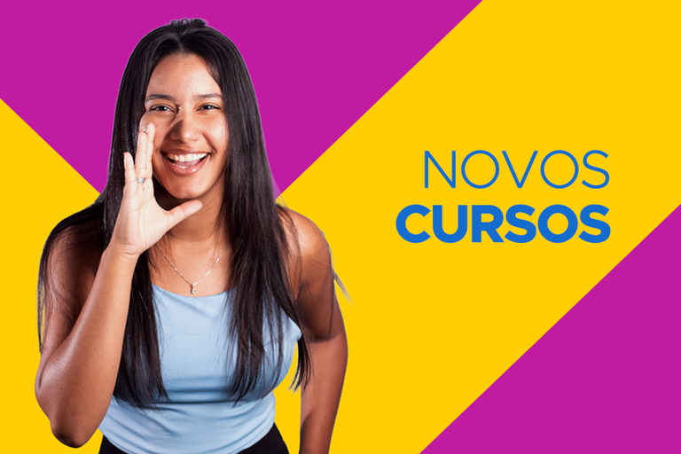Arte em fundo rosa e amarelo com foto de estudante com mão na boca falando algo