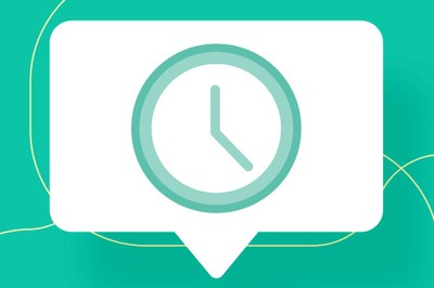 Imagem em fundo verde e branco com símbolo do relógio