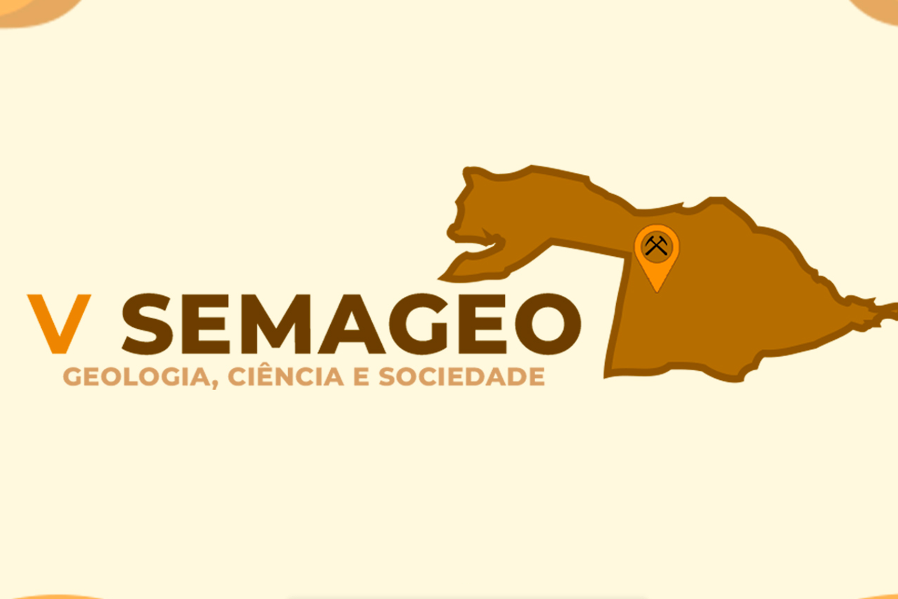 Banner em fundo amarelo com texto "V Semageo: Geologia, Ciência e Sociedade"